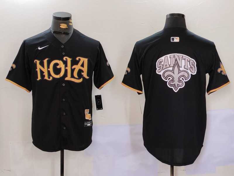 Mens New Orleans Saints Team Big Logo Black Cool Base Stitched Baseball Jersey